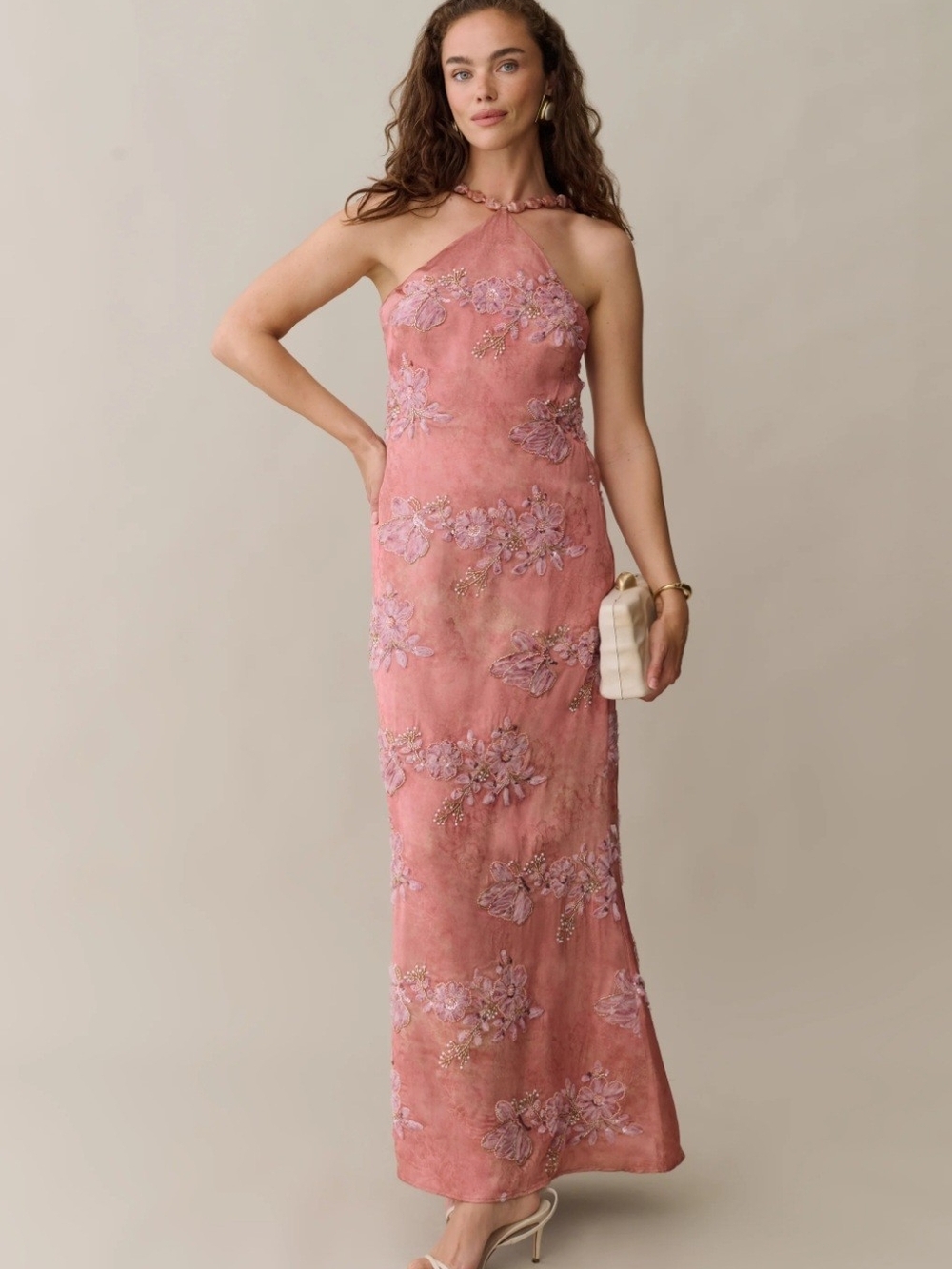 Few Moda O.P.T. Dusty Rose Halter Maxi Dress with Floral Applique